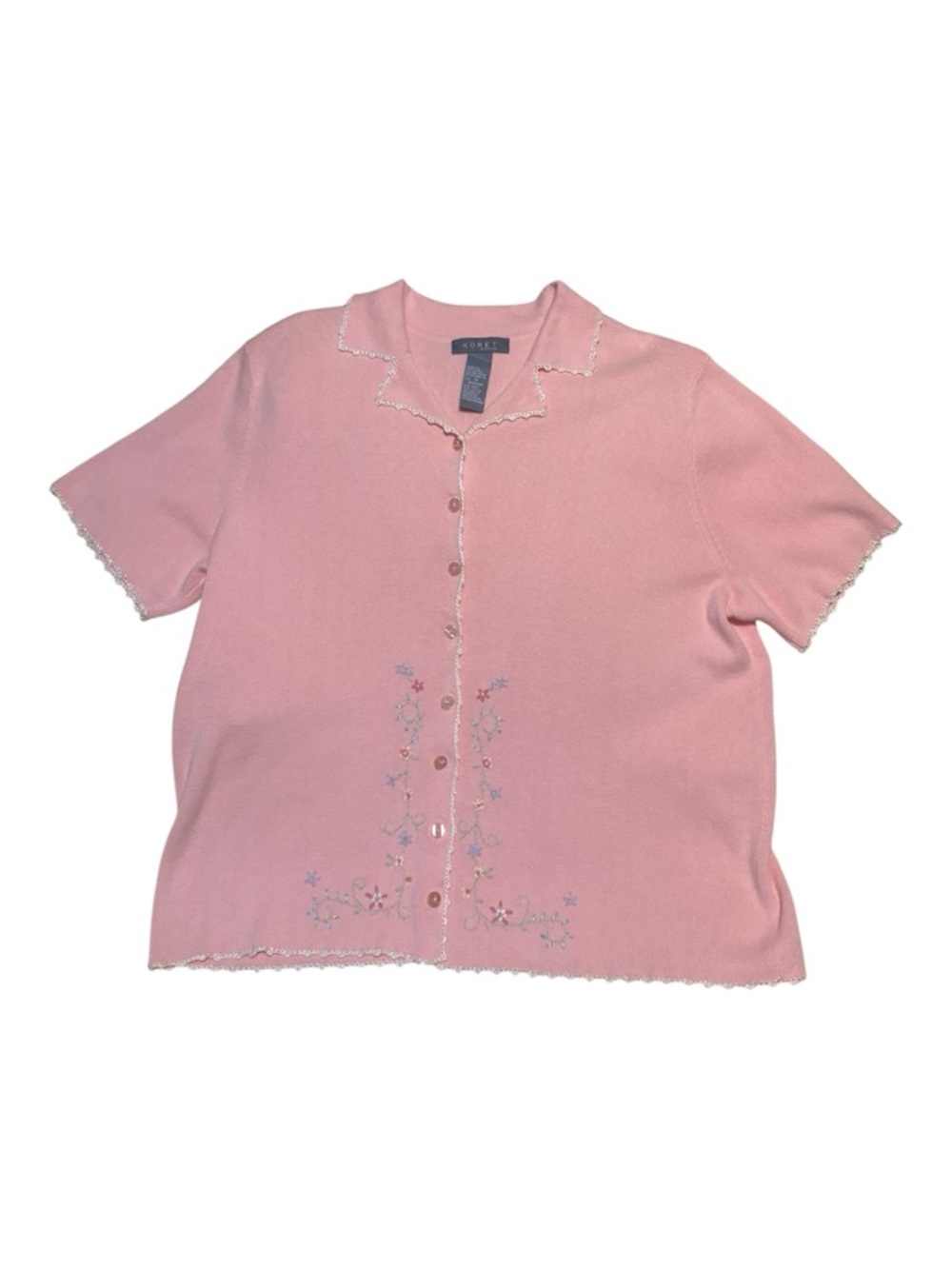 Vintage Koret Pink Short Sleeve Embroidered Cardigan with delicate crochet